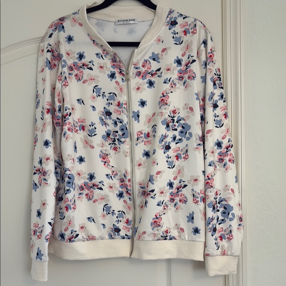 Ecowish Cream and Floral Zip-Up Jacket with Pockets
